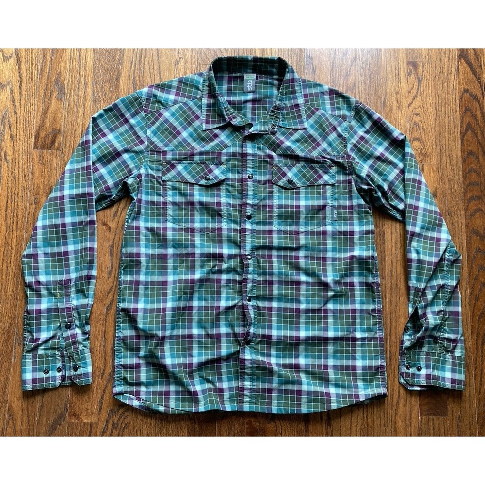 Stio Shirt Mens Large Medium Eddy Pearl Snap Performance Stretch Plaid Green